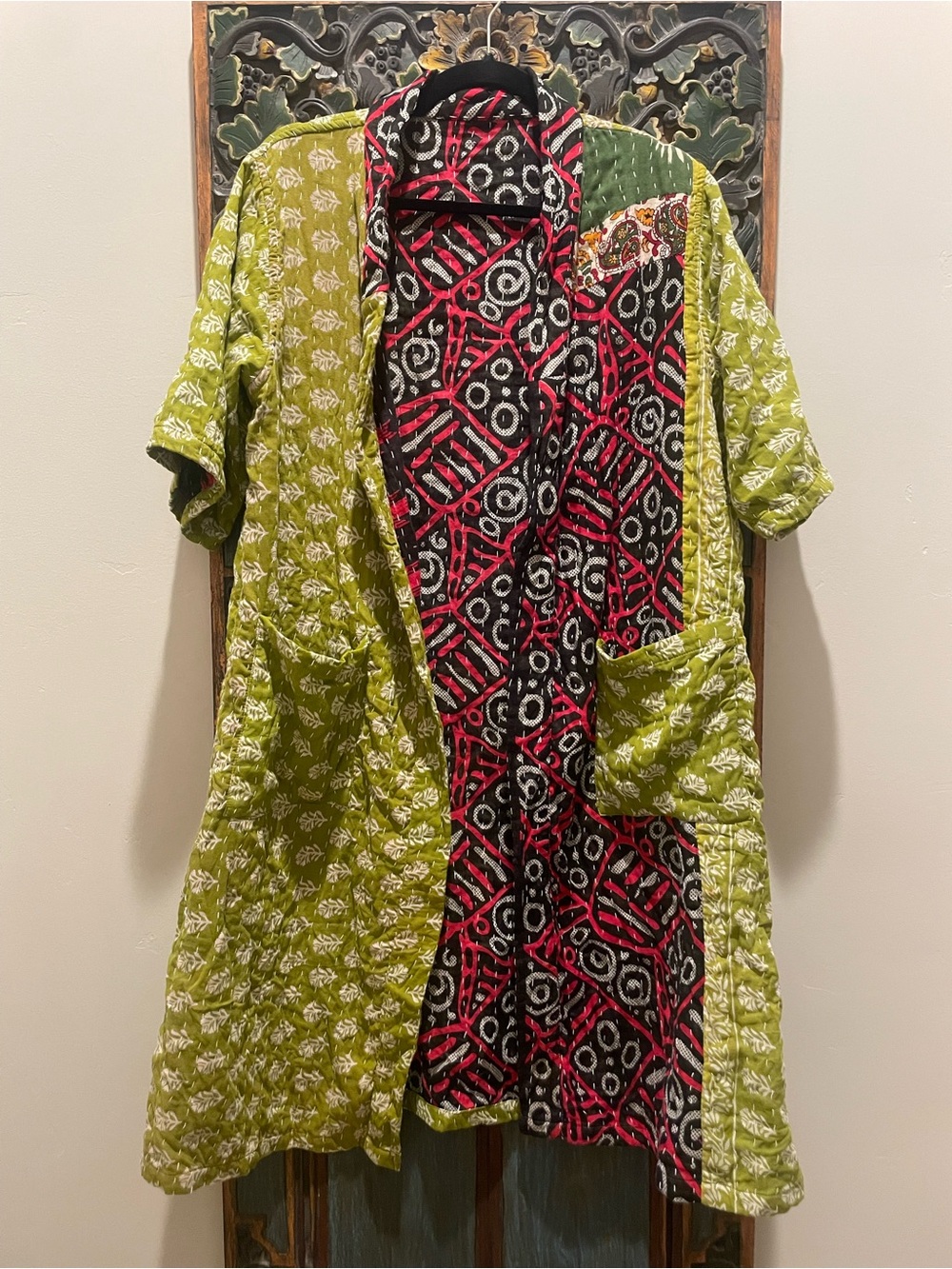 Reversible Chartreuse Kantha Kimono with pockets on both sides - fits S-XL